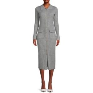 Nanette Lepore Ribbed Knit Collared Button gray Midi Dress S‎ classic body con